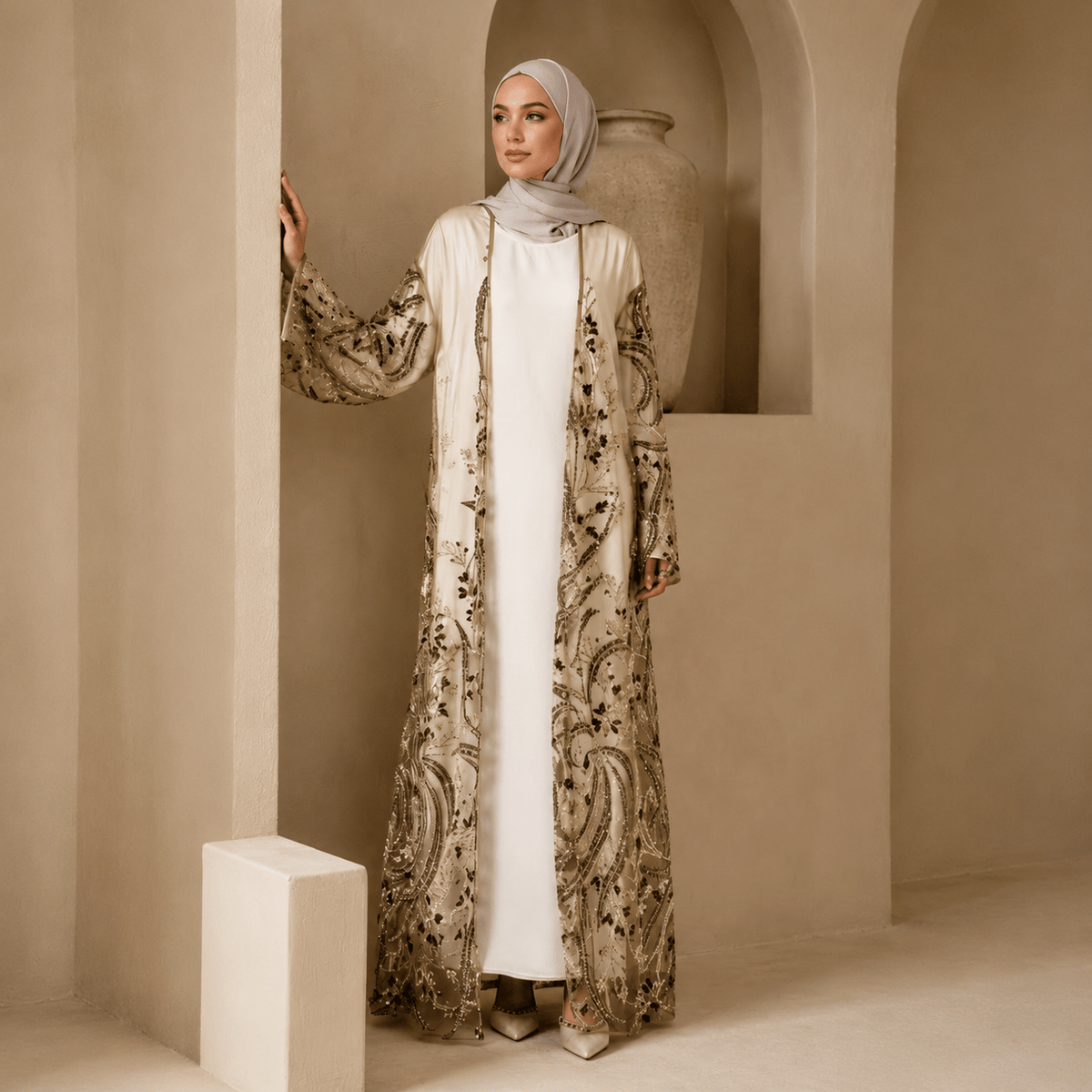 Bridal abaya styled over champagne underdress with open-front silhouette