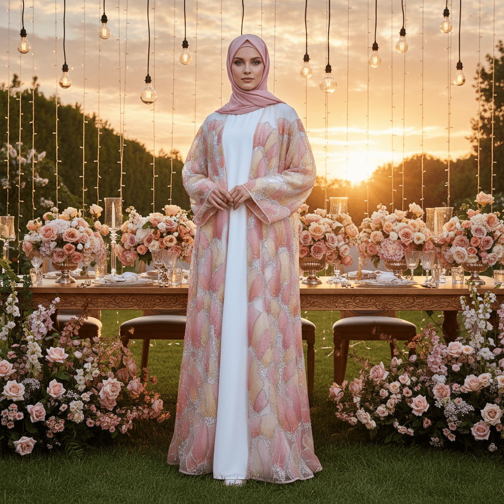 Petal Glow Hand-Embroidered Open Abaya — Secret Garden Series Bridal Outerwear