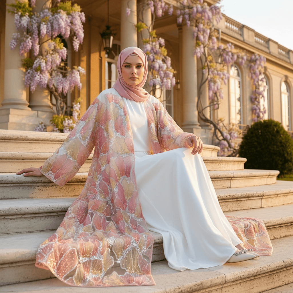 Luxury bridal couture abaya outerwear with full-coverage floral embroidery