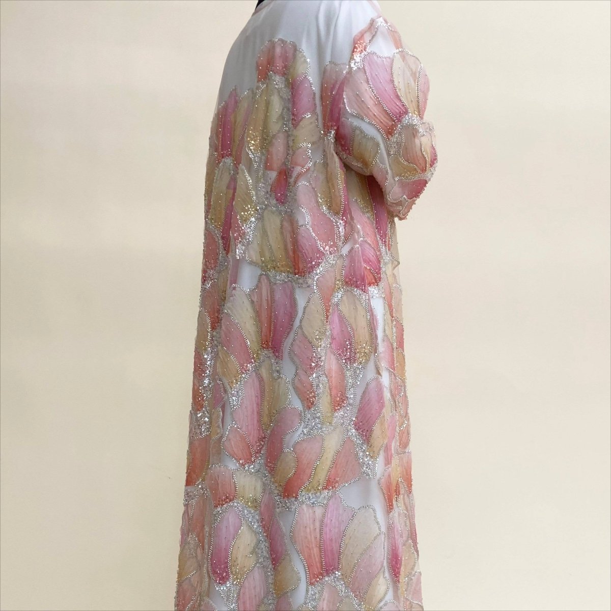 Petal Glow embroidered abaya with rolling bead and sequin flourishes