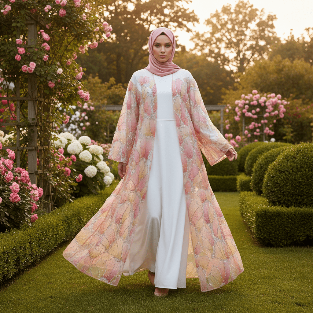 Luxury Hand - Embroidered Open Abaya Cardigan(MOA295) - Mariam's Collection