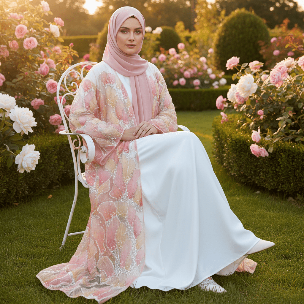 Petal Glow Hand-Embroidered Open Abaya — Secret Garden Series Bridal Outerwear