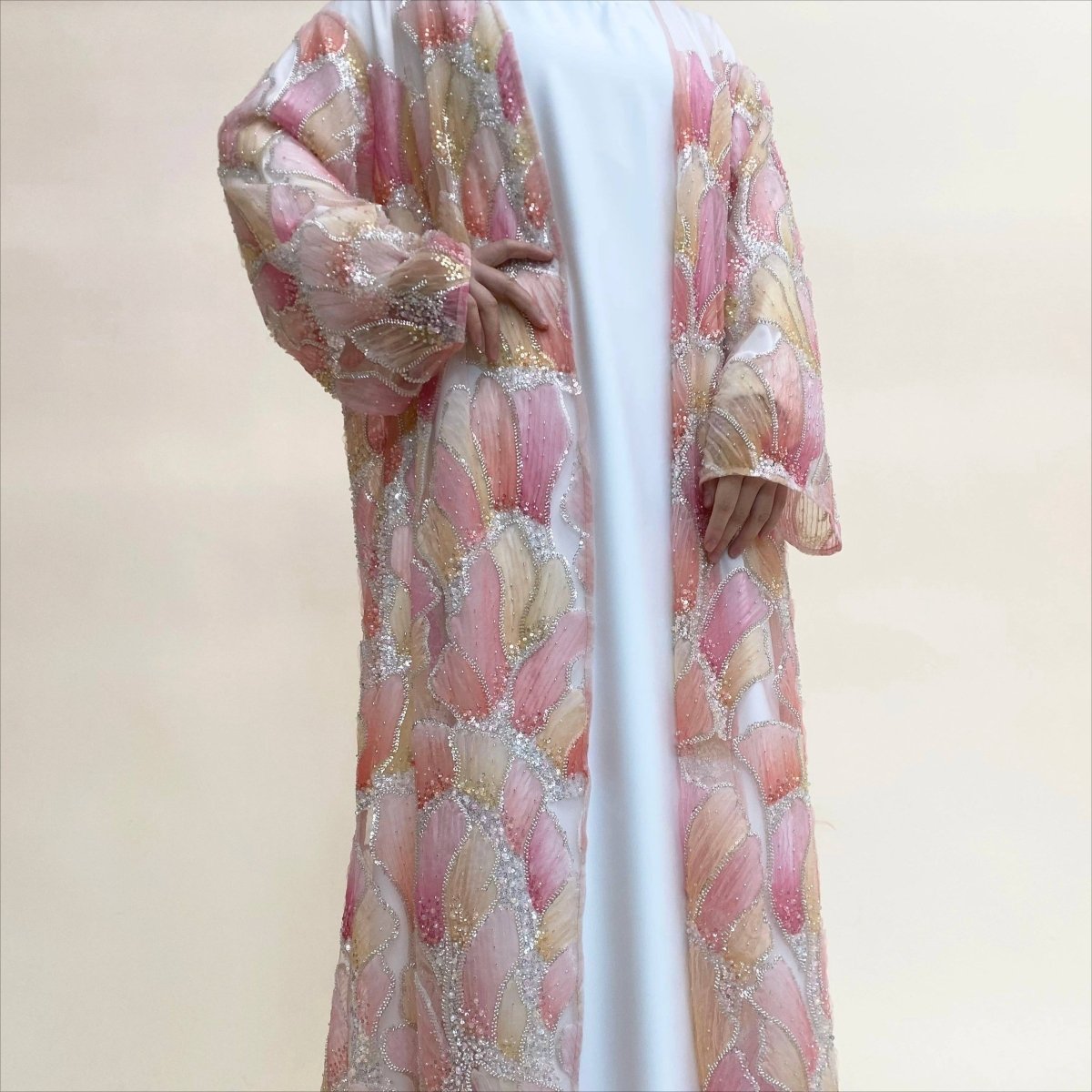 Hand-embroidered open front abaya with sequin and bead chain detail