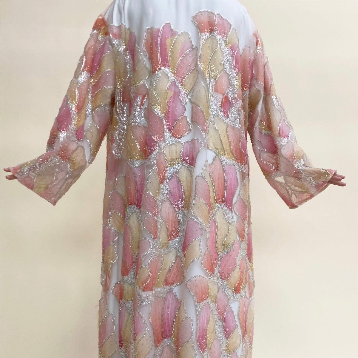 Open abaya cardigan in pink with couture-grade hand-stitched floral motifs