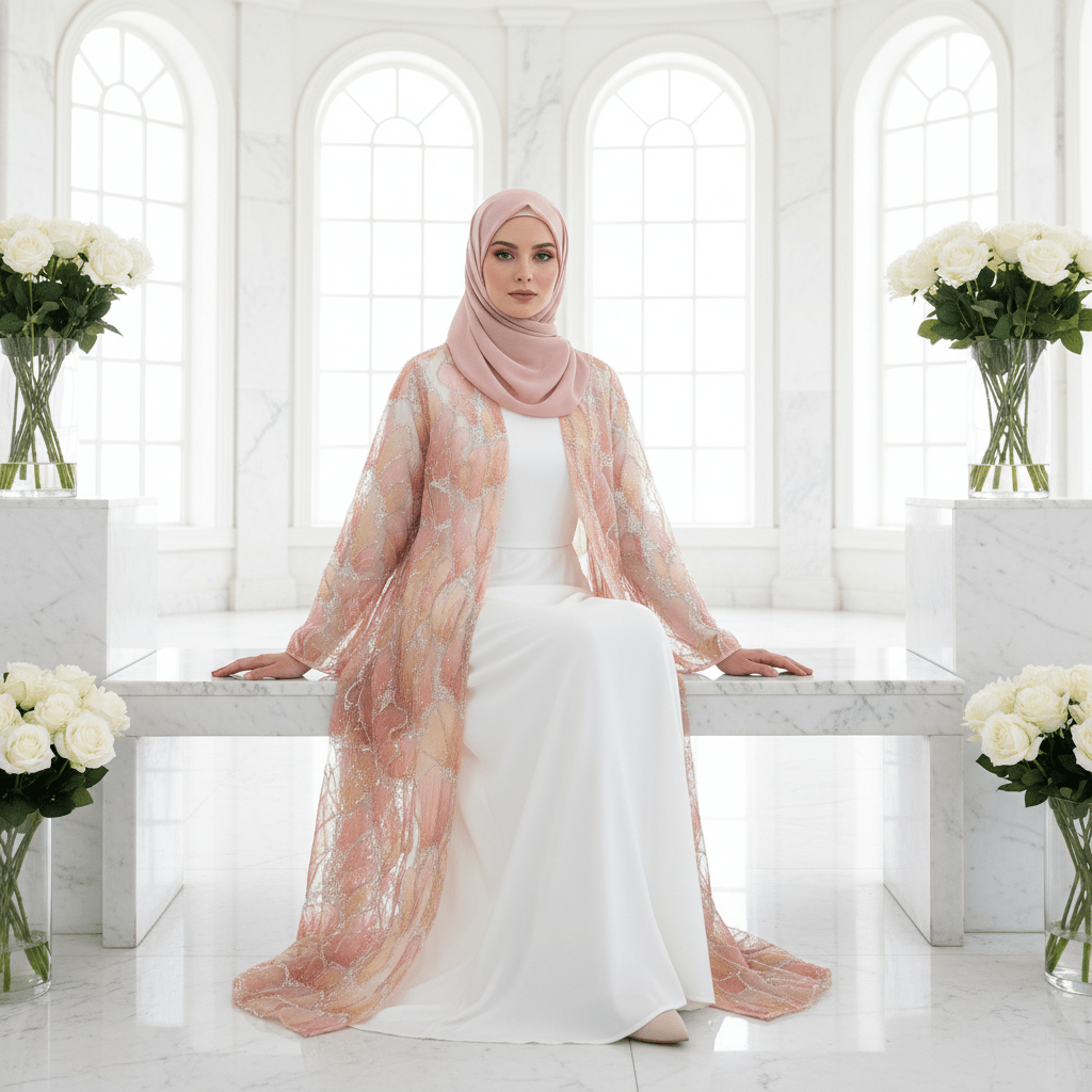 Hand-embroidered open abaya cardigan in pink with rolling bead embroidery