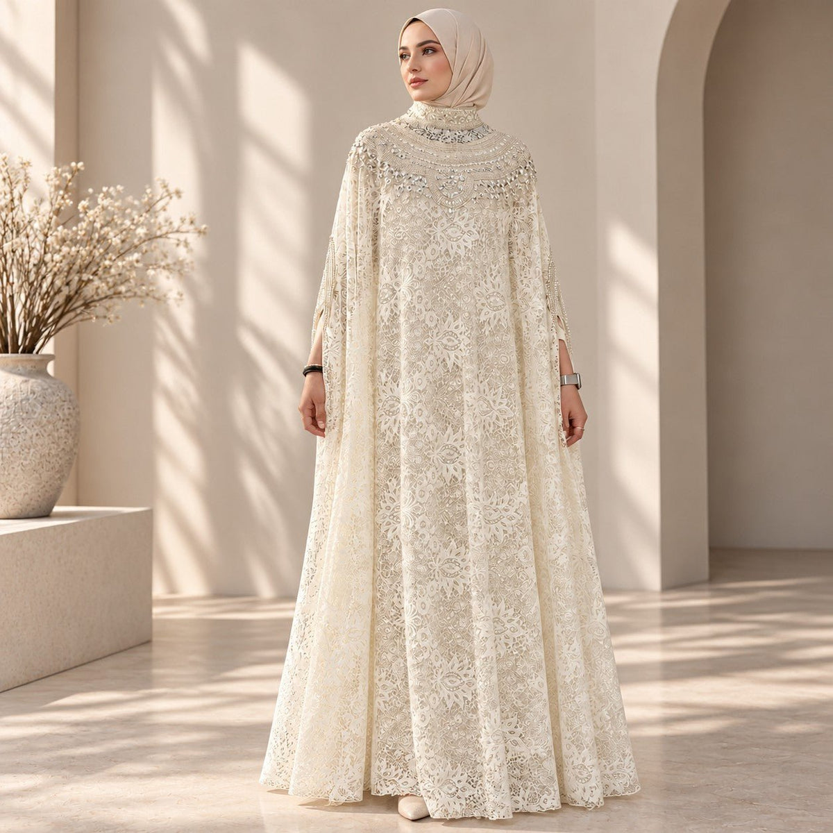 Luxury Lace Beaded Abaya Dress | Wedding & Nikah Occasion Gown (MA470) - Mariam's Collection