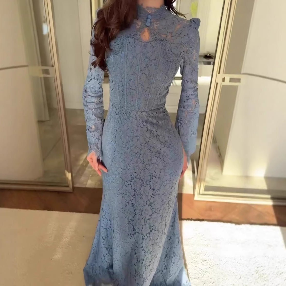 Luxury Lace Dress with Bell Sleeves(MS339) - Mariam's Collection