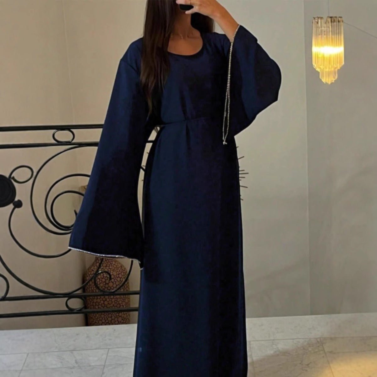 Luxury Loose Cuff Chain Abaya Dress - Modest Long Sleeve Elegant Robe with Silver Detailing(MA278) - Mariam's Collection