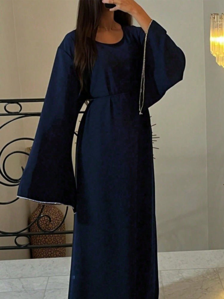 Luxury Loose Cuff Chain Abaya Dress - Modest Long Sleeve Elegant Robe with Silver Detailing(MA278) - Mariam's Collection