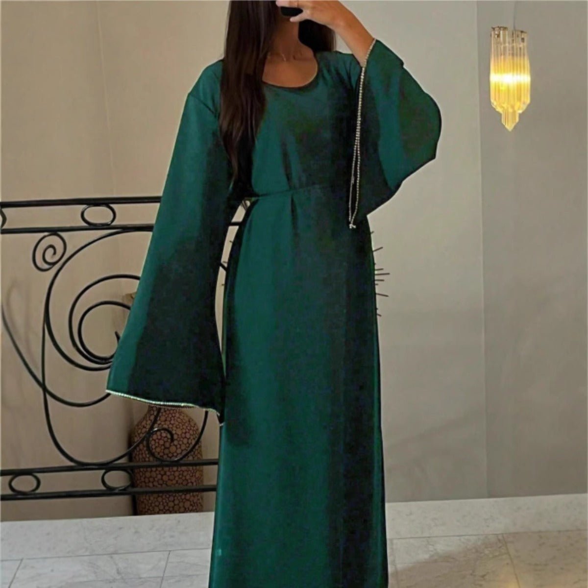 Luxury Loose Cuff Chain Abaya Dress - Modest Long Sleeve Elegant Robe with Silver Detailing(MA278) - Mariam's Collection