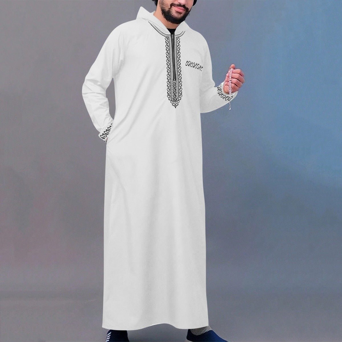 Luxury Loose Fit Hooded Premium Embroidered Men's Thobe Robe with Zipper & Islamic Calligraphy Design. (MT024) - Mariam's Collection