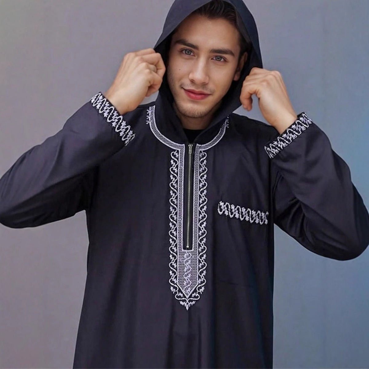 Luxury Loose Fit Hooded Premium Embroidered Men's Thobe Robe with Zipper & Islamic Calligraphy Design. (MT024) - Mariam's Collection