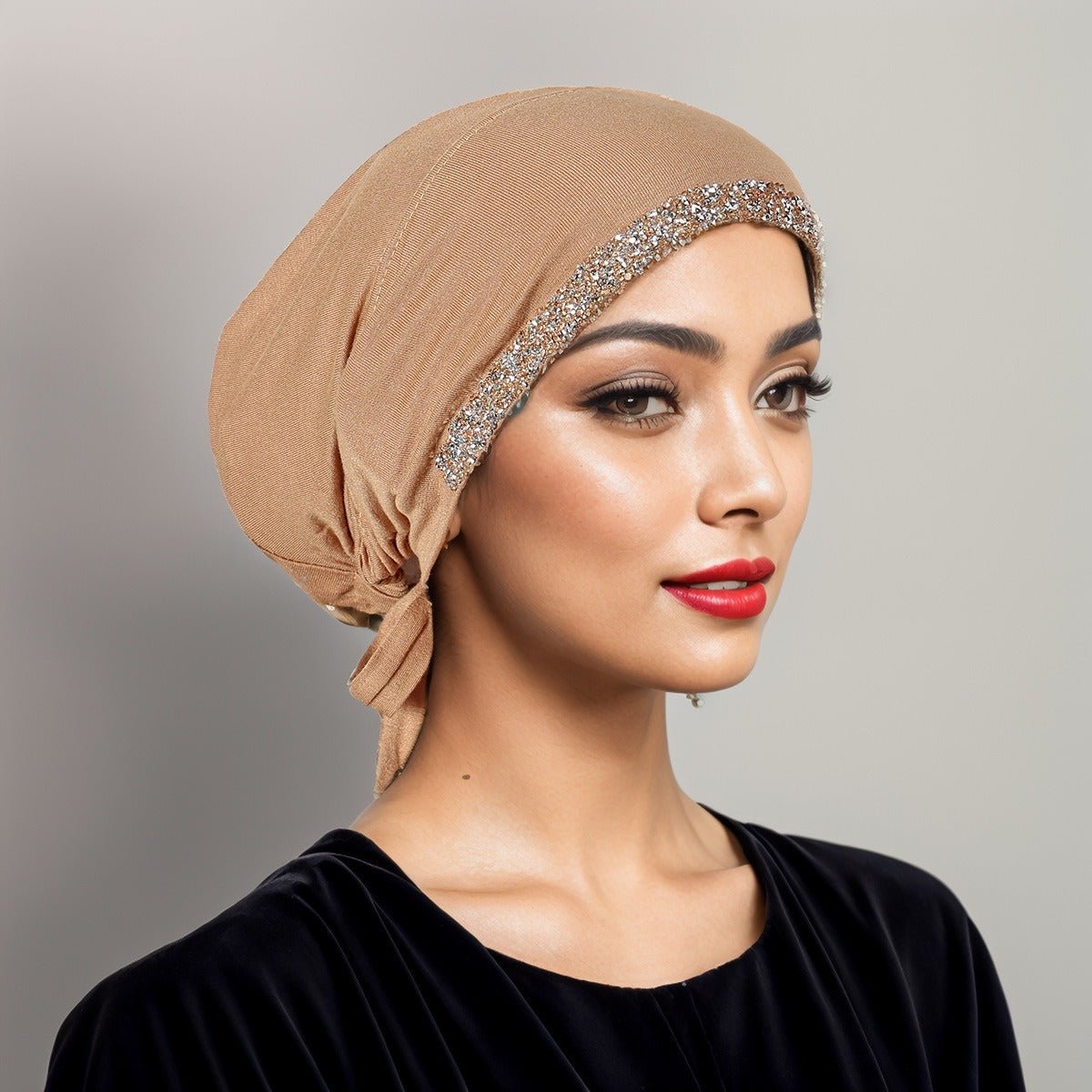 Luxury Modal Cotton Hijab Cap Crystal - Embellished Elastic Lace - Up Undercap with Breathable Design. (MH115) - Mariam's Collection