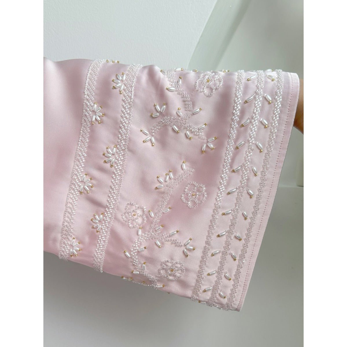 Luxury Muslim Evening Wear Beaded Abaya Collection | Lavender & Pink Embroidered Robe with Pearl Detailing. (MOA192) - Mariam's Collection