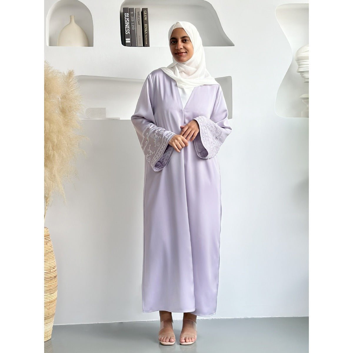 Luxury Muslim Evening Wear Beaded Abaya Collection | Lavender & Pink Embroidered Robe with Pearl Detailing. (MOA192) - Mariam's Collection