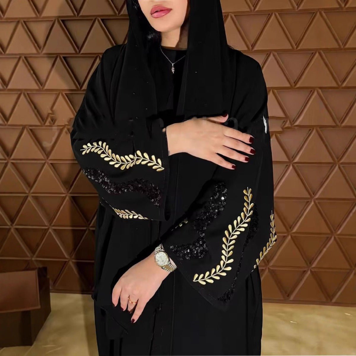 Luxury Muslim Golden Olive Abaya | Black Embroidered & Beaded Robe. (MOA180) - Mariam's Collection