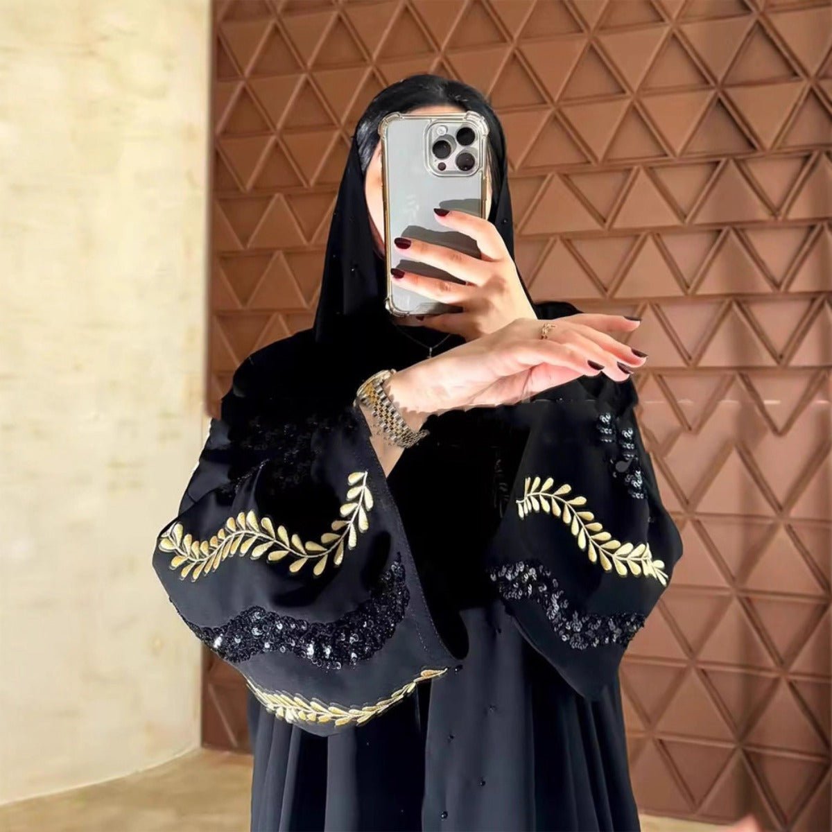 Luxury Muslim Golden Olive Abaya | Black Embroidered & Beaded Robe. (MOA180) - Mariam's Collection