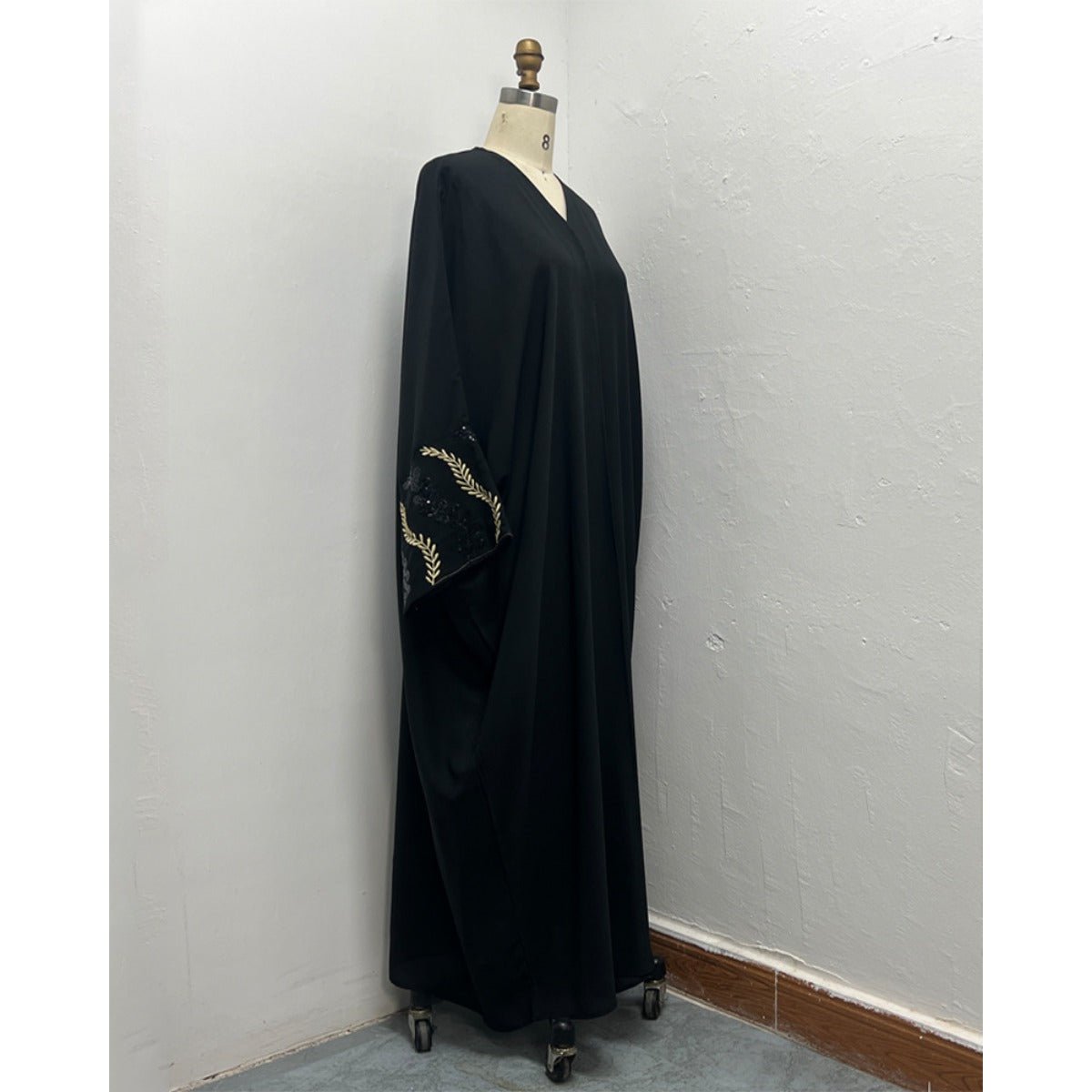 Luxury Muslim Golden Olive Abaya | Black Embroidered & Beaded Robe. (MOA180) - Mariam's Collection