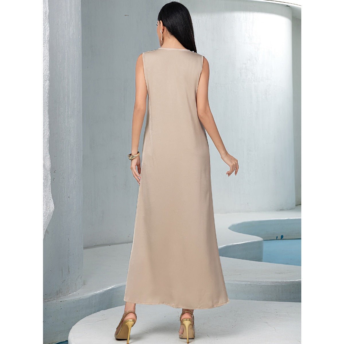 Luxury Muslim Kaftan Set Evening Wear | Beige Hand - Sewn Diamond Two - Piece Dress with Bell Sleeves(MOA202) - Mariam's Collection