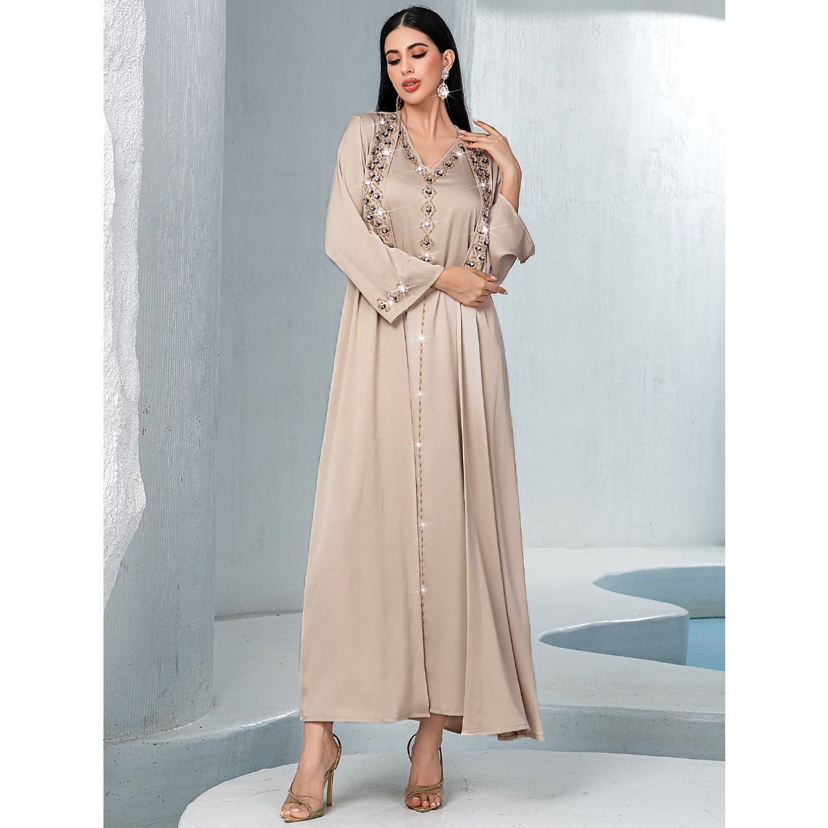 Luxury Muslim Kaftan Set Evening Wear | Beige Hand - Sewn Diamond Two - Piece Dress with Bell Sleeves(MOA202) - Mariam's Collection