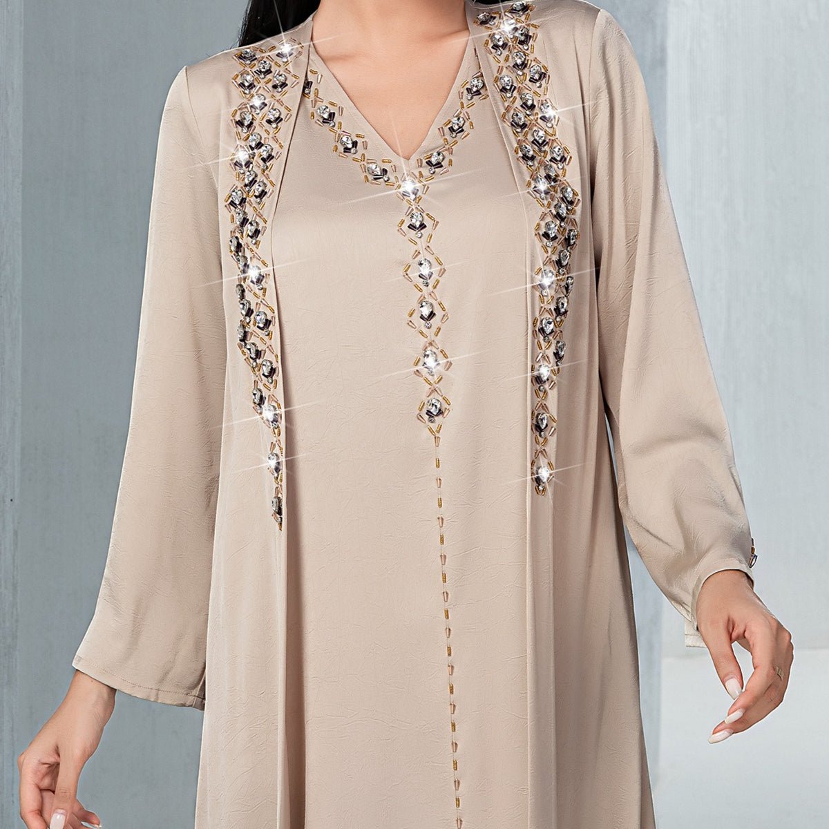 Luxury Muslim Kaftan Set Evening Wear | Beige Hand - Sewn Diamond Two - Piece Dress with Bell Sleeves(MOA202) - Mariam's Collection