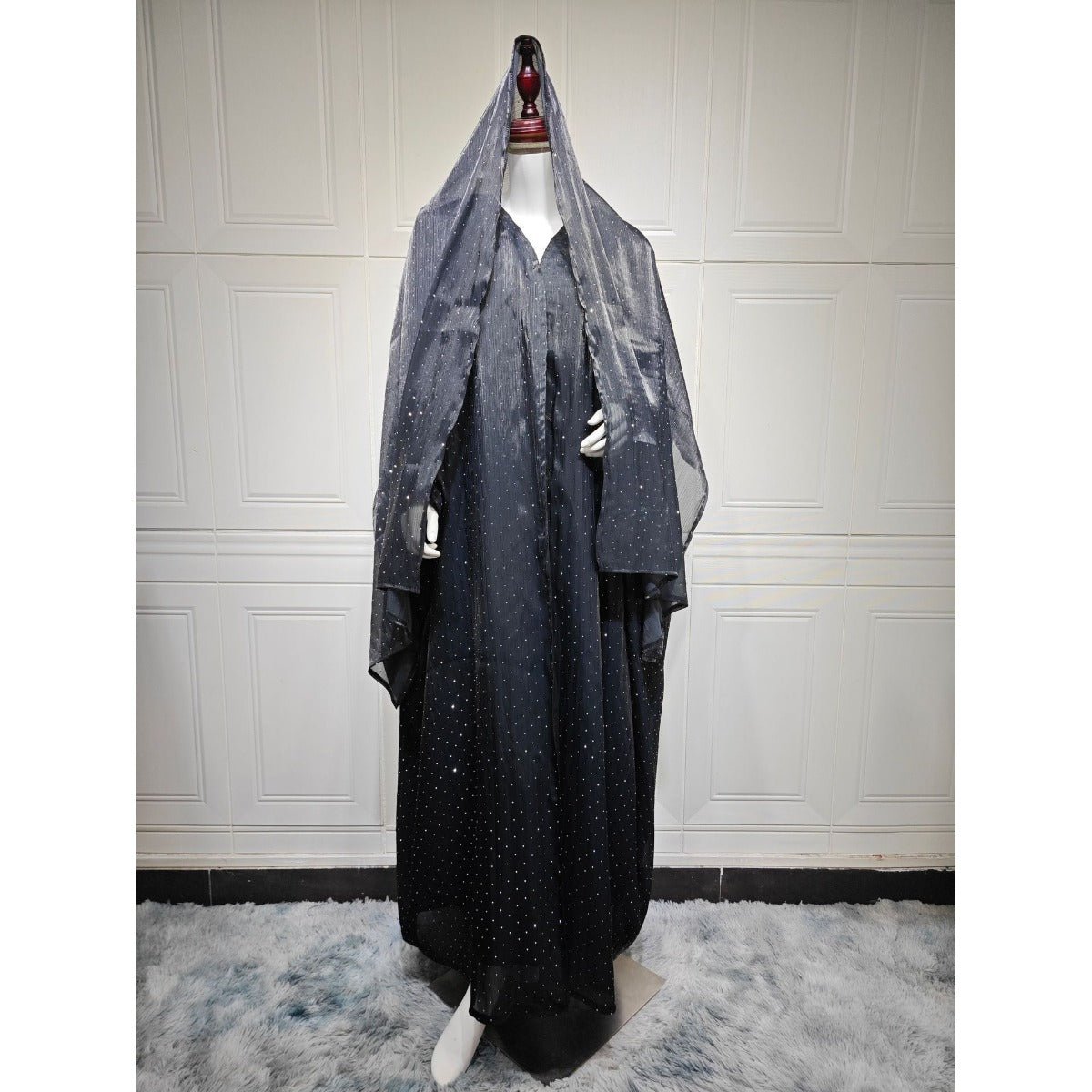 Luxury Muslim Starlight Evening Wear Abaya Set | Midnight Blue Diamond - Embellished Robe Jacket with Matching Hijab(MOA201) - Mariam's Collection