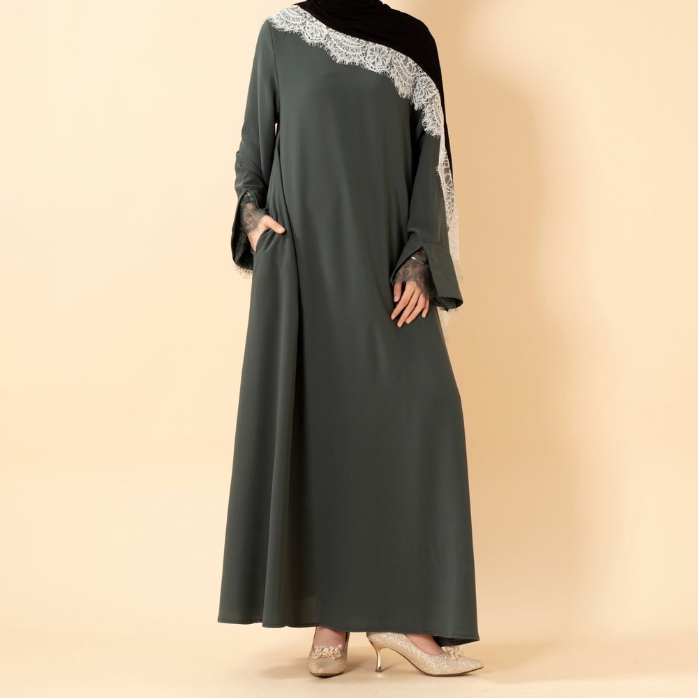 Luxury Nida Umbrella Abaya with Lace Cuffs – Modest Dress (MA456) - Mariam's Collection