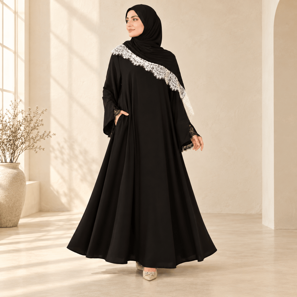 Luxury Nida Umbrella Abaya with Lace Cuffs – Modest Dress (MA456) - Mariam's Collection