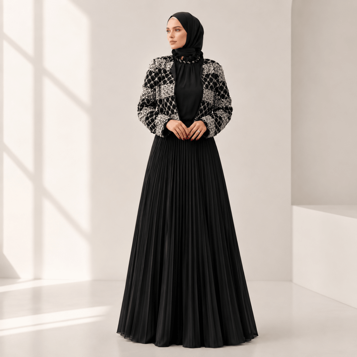 Luxury Pearl Beaded Diamond Grid Jacket & Pleated Dress Set(MS403) - Mariam's Collection