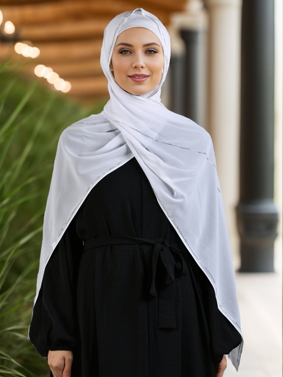 Luxury Pearl Chiffon Hijab with Diamond Stripes. (MH107) - Mariam's Collection