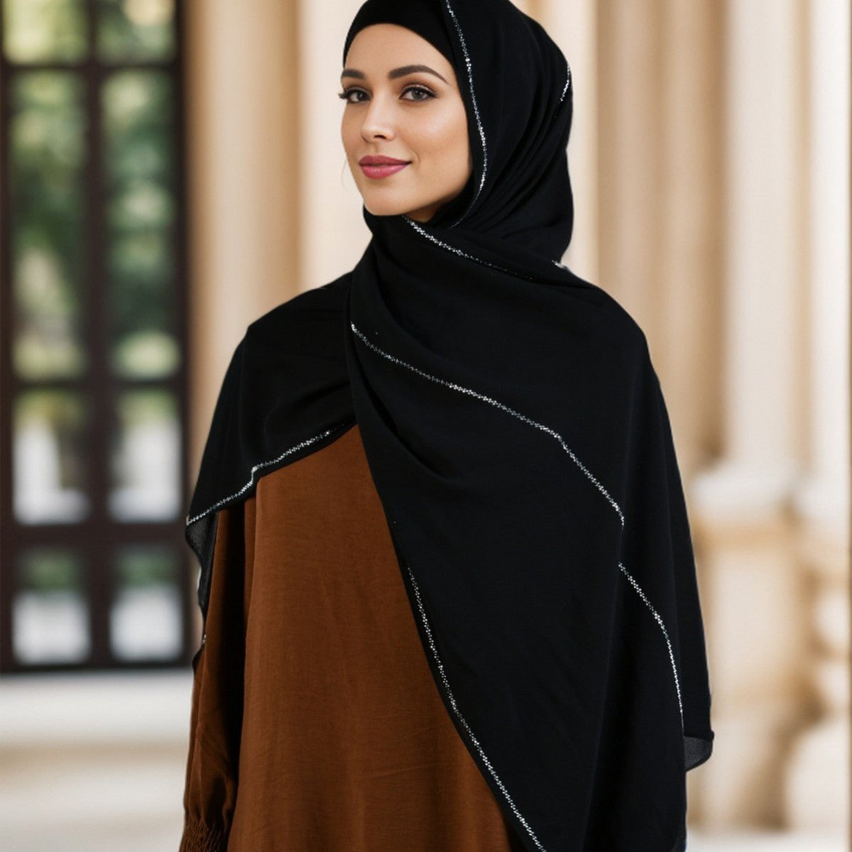 Luxury Pearl Chiffon Hijab with Diamond Stripes. (MH107) - Mariam's Collection