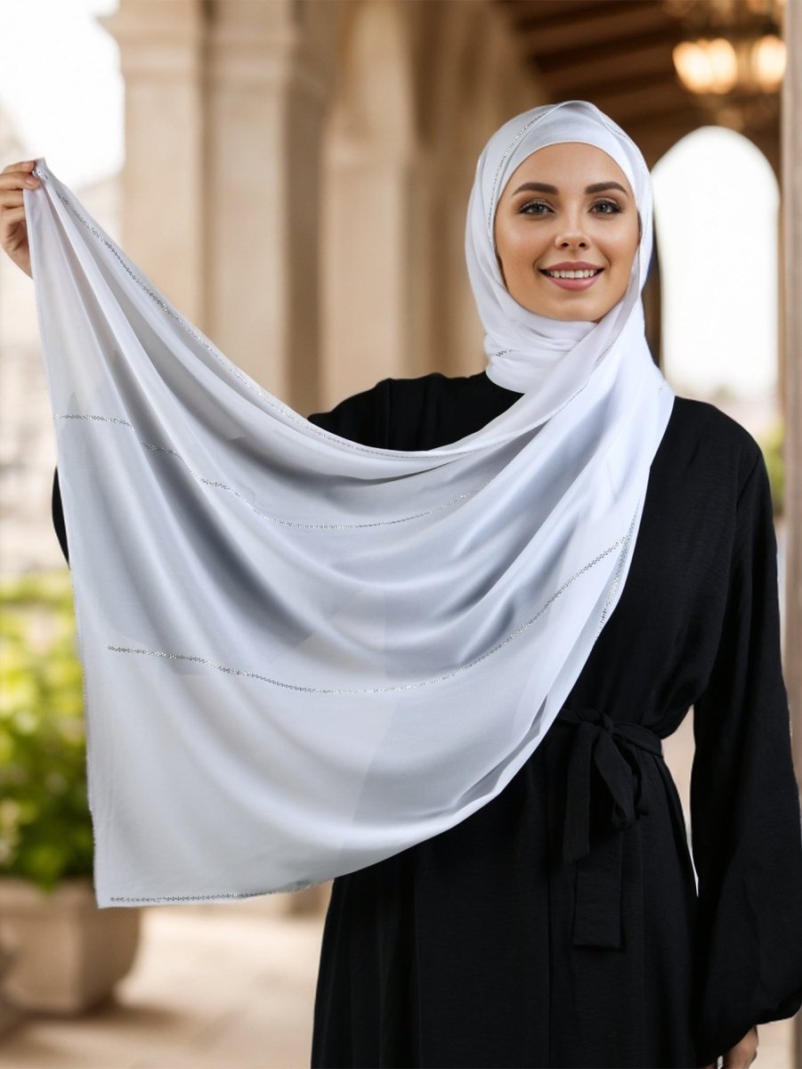 Luxury Pearl Chiffon Hijab with Diamond Stripes. (MH107) - Mariam's Collection