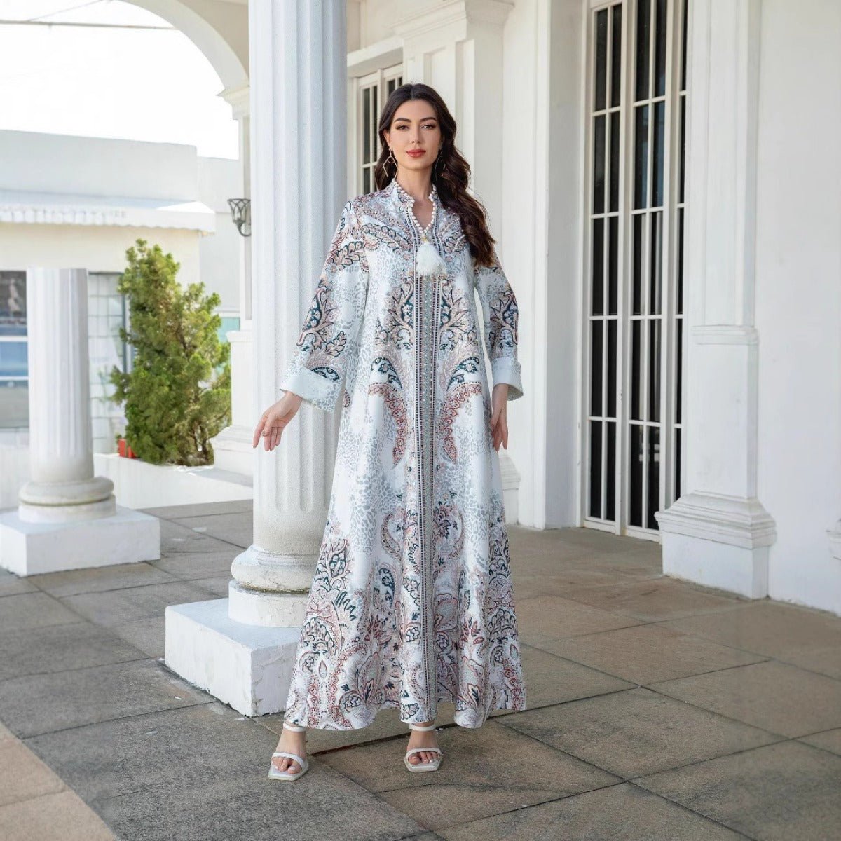 Luxury Pearl - Embellished Floral Beaded Muslim Robe Abaya with Bell Sleeves & Tassel Details. (MA229) - Mariam's Collection