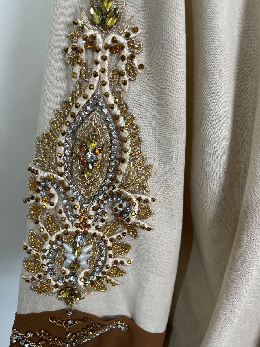 Luxury Rust Bead Muslim Wedding & Party Khaki Gold Embroidered Contrast Jacket Abaya. (MOA158) - Mariam's Collection