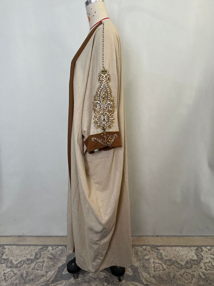 Luxury Rust Bead Muslim Wedding & Party Khaki Gold Embroidered Contrast Jacket Abaya. (MOA158) - Mariam's Collection