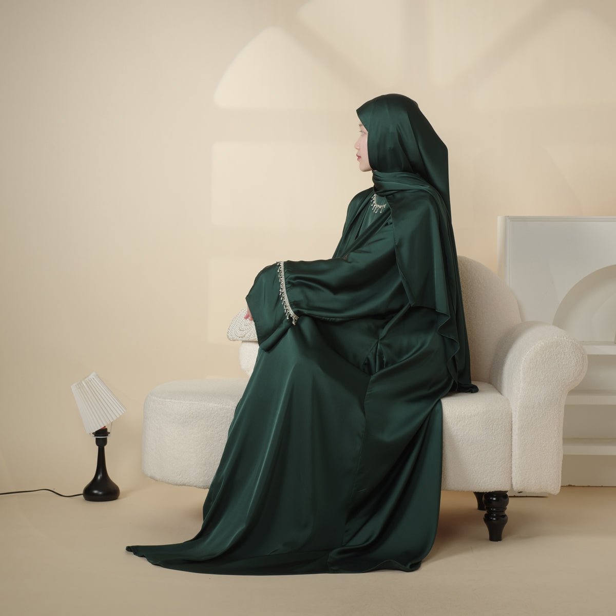 Luxury Satin Abaya With Diamond Tassels Belt, 6 - Piece Set (MOA041) - Mariam's Collection