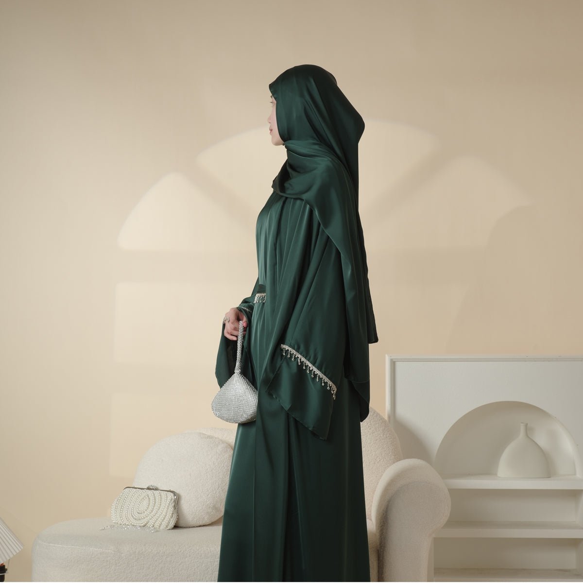 Luxury Satin Abaya With Diamond Tassels Belt, 6 - Piece Set (MOA041) - Mariam's Collection