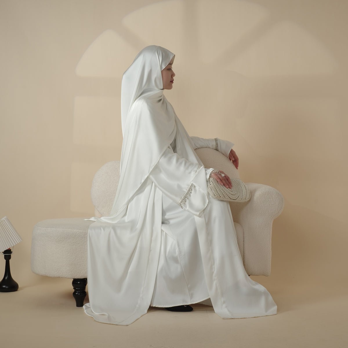 Luxury Satin Abaya With Diamond Tassels Belt, 6 - Piece Set (MOA041) - Mariam's Collection