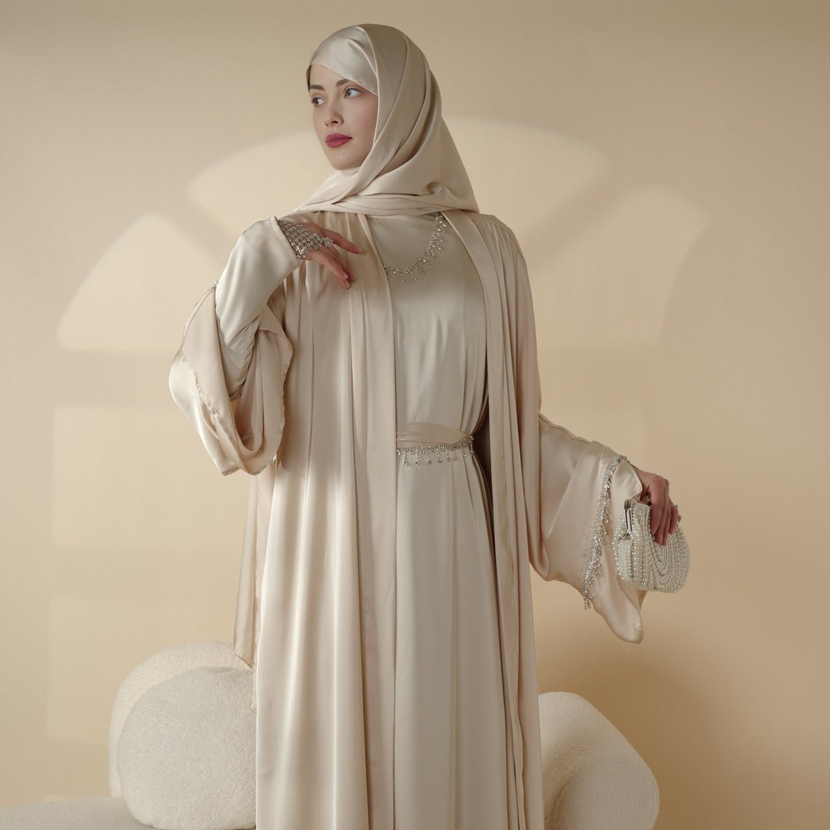 Luxury Satin Abaya With Diamond Tassels Belt, 6 - Piece Set (MOA041) - Mariam's Collection