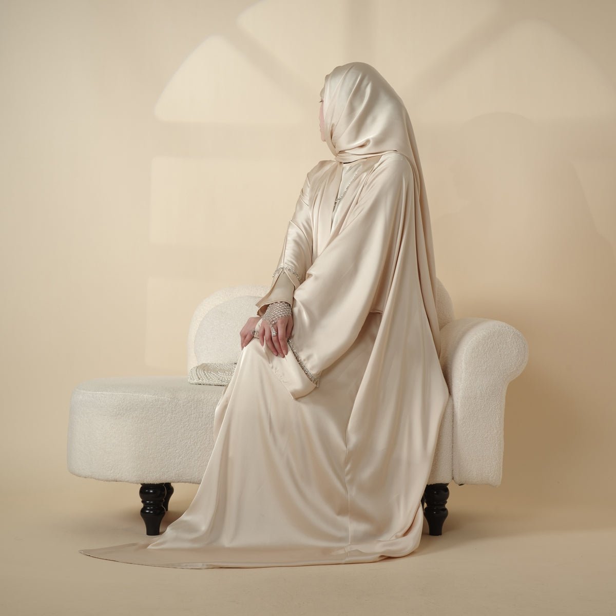 Luxury Satin Abaya With Diamond Tassels Belt, 6 - Piece Set (MOA041) - Mariam's Collection