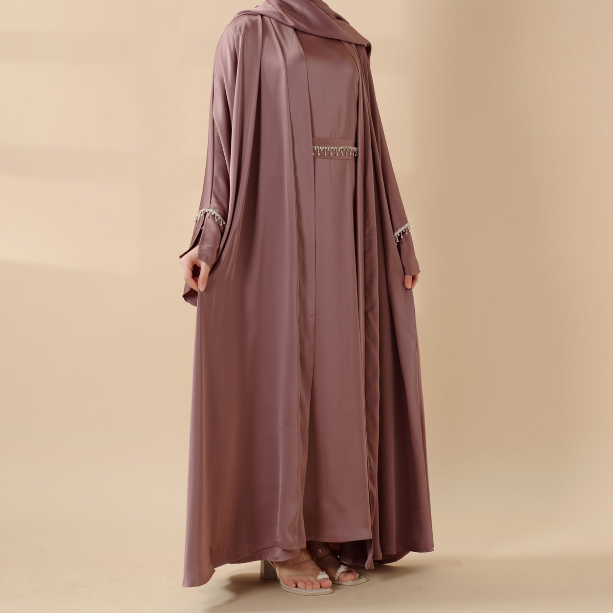 Luxury Satin Abaya With Diamond Tassels Belt, 6 - Piece Set (MOA041) - Mariam's Collection