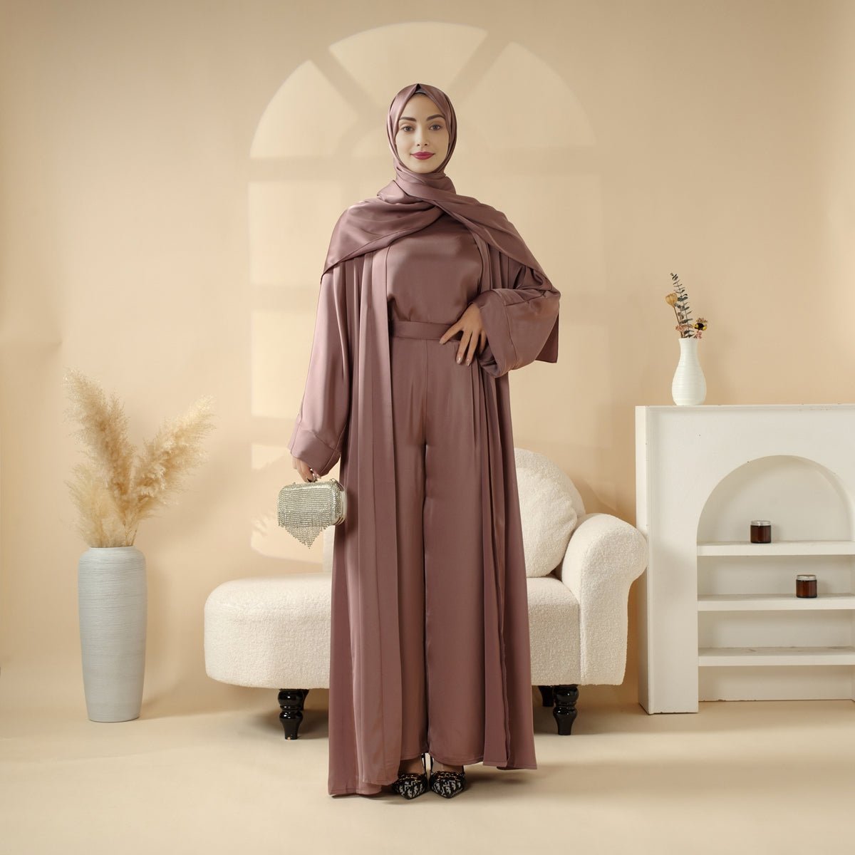 Elegant Abayas With Trouser Ramadan Eid Plain Satin Open Kimono