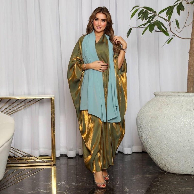 Luxury Silk Satin Bat Sleeve Abaya Robe | Modest V - Neck Evening Dress(MOA225) - Mariam's Collection