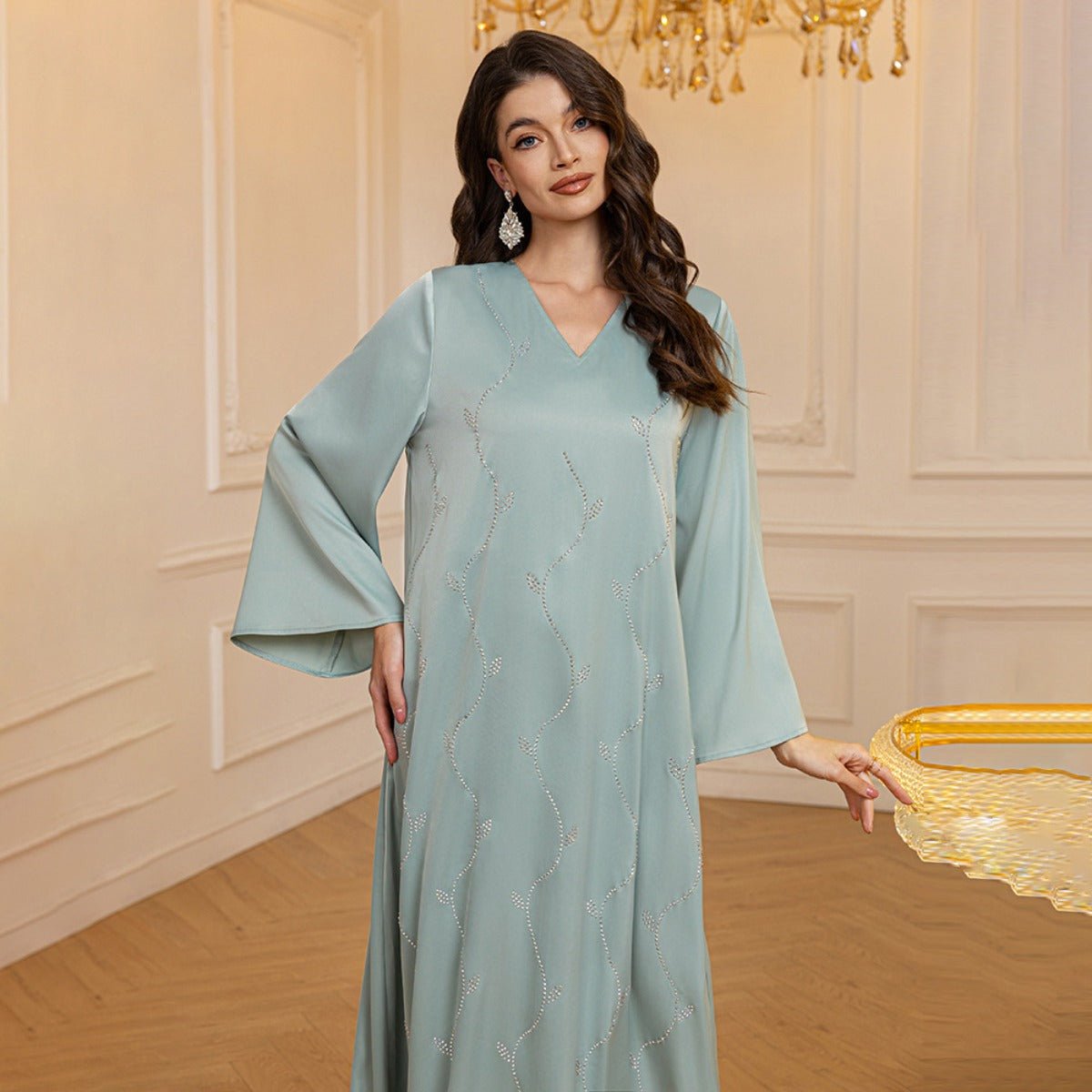 Luxury Textured Satin Diamond Embellished Robe Dress - High - End V - Neck Evening Gown with Flared Sleeves(MA276) - Mariam's Collection