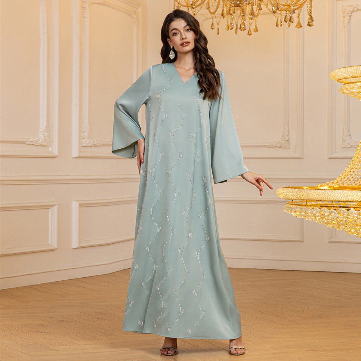 Luxury Textured Satin Diamond Embellished Robe Dress - High - End V - Neck Evening Gown with Flared Sleeves(MA276) - Mariam's Collection