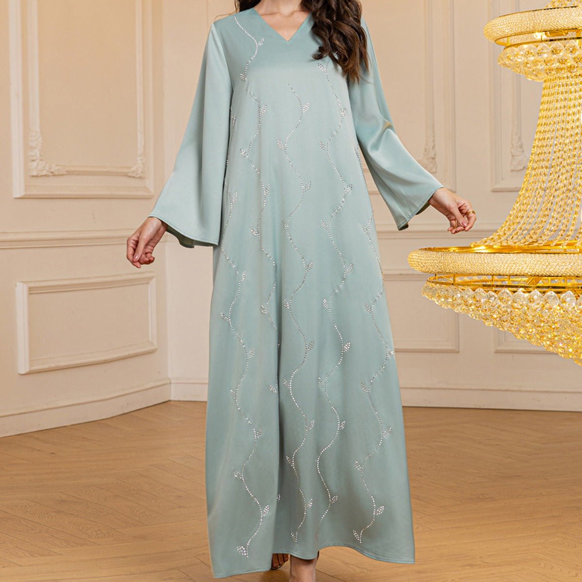 Luxury Textured Satin Diamond Embellished Robe Dress - High - End V - Neck Evening Gown with Flared Sleeves(MA276) - Mariam's Collection