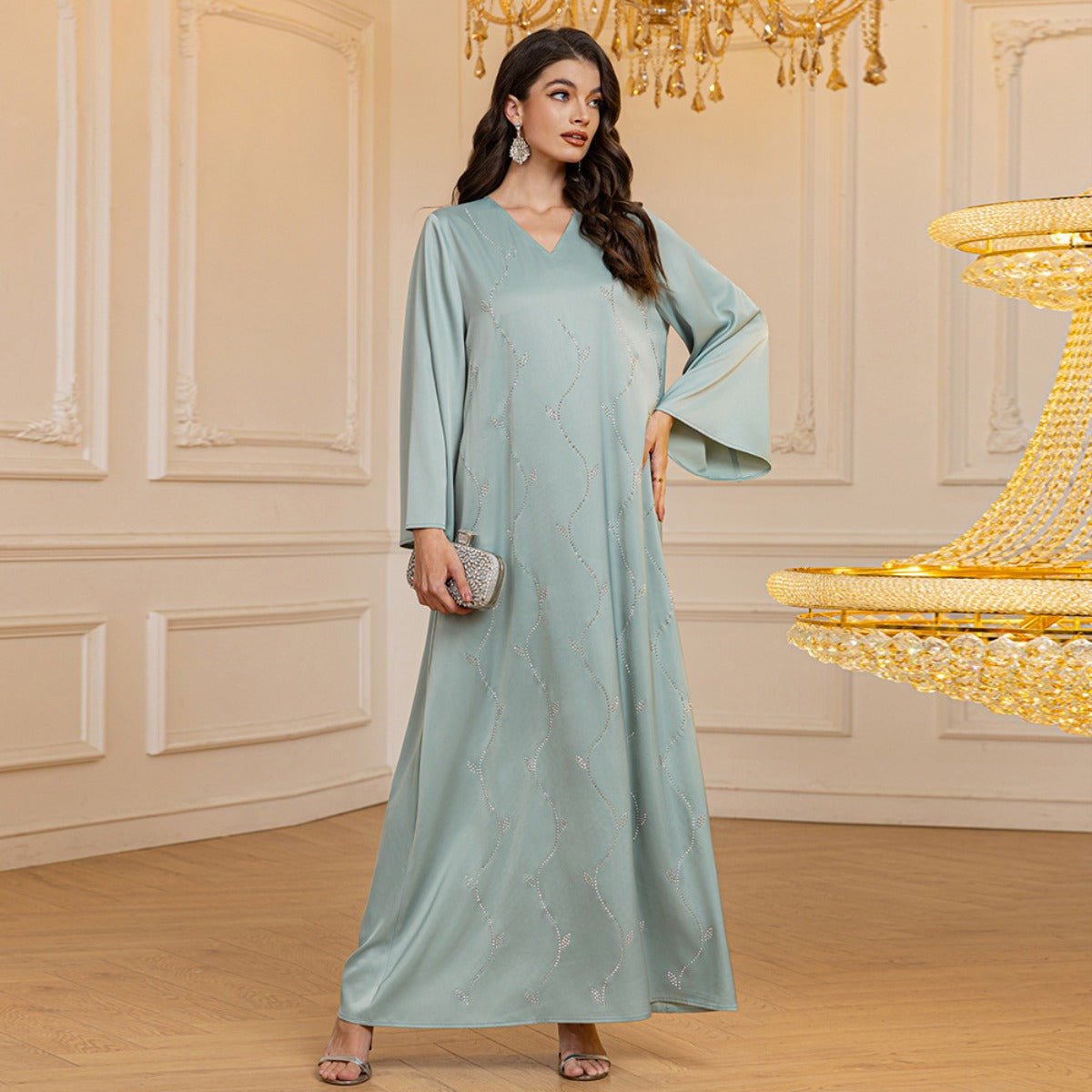 Luxury Textured Satin Diamond Embellished Robe Dress - High - End V - Neck Evening Gown with Flared Sleeves(MA276) - Mariam's Collection