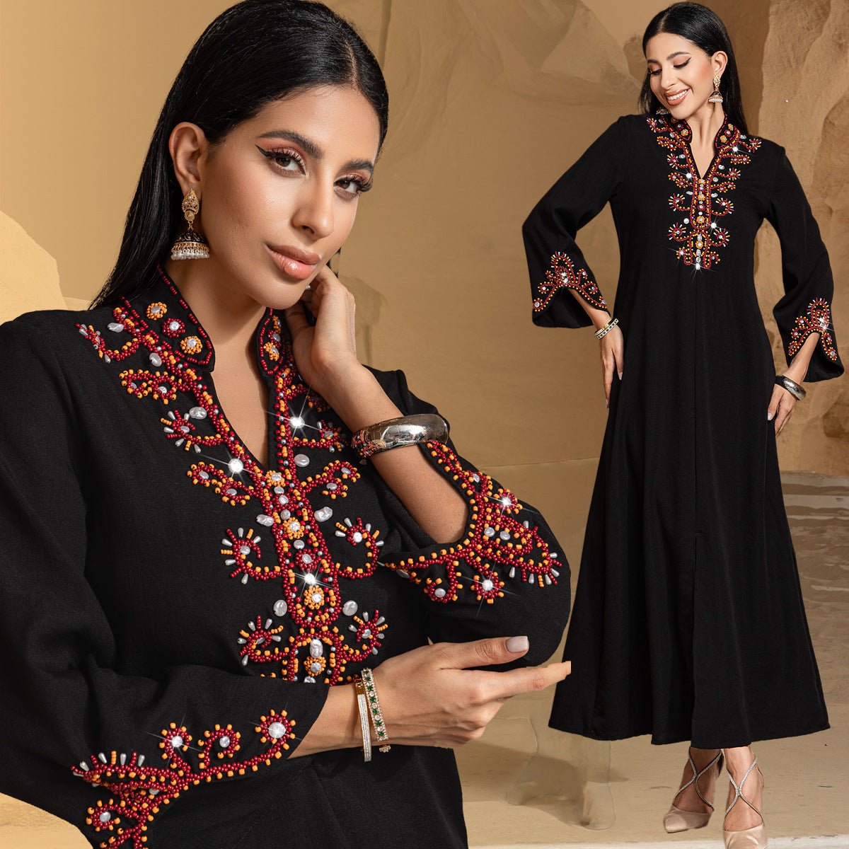 Luxury V - Neck Black & Gold Rice Bead Embroidered Party & Wedding Abaya. (MA187) - Mariam's Collection