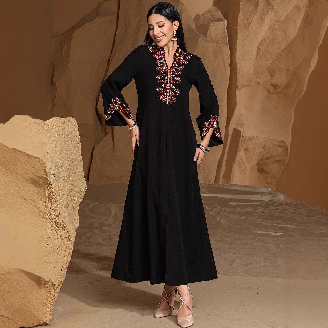Luxury V - Neck Black & Gold Rice Bead Embroidered Party & Wedding Abaya. (MA187) - Mariam's Collection