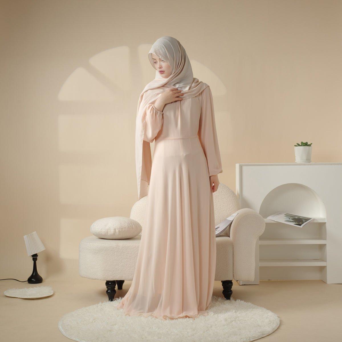 layered abaya dress Amira White Chiffon Abaya Dress With Puff Sleeves